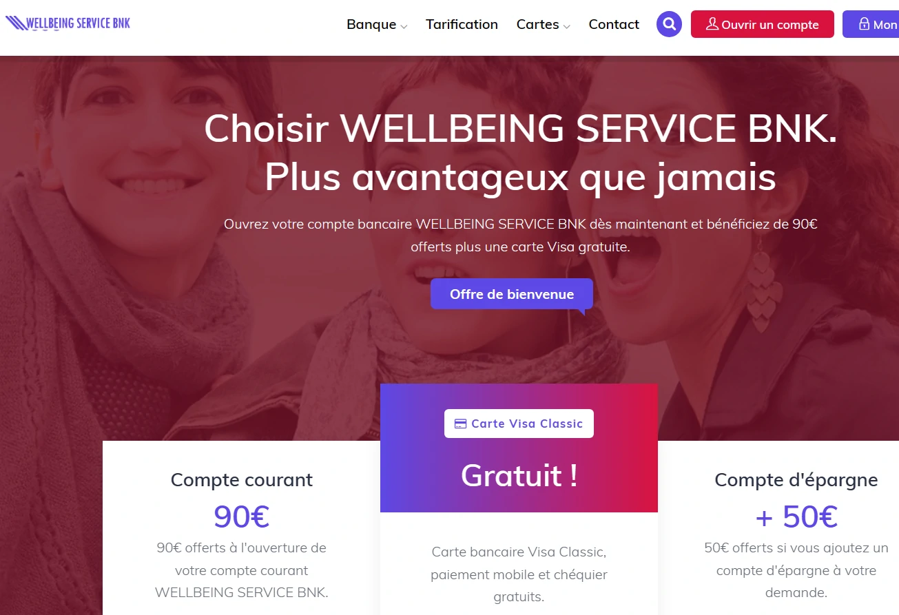 Interface utilisateur suspecte de Wellbeing Service BNK, arnaque bancaire en ligne