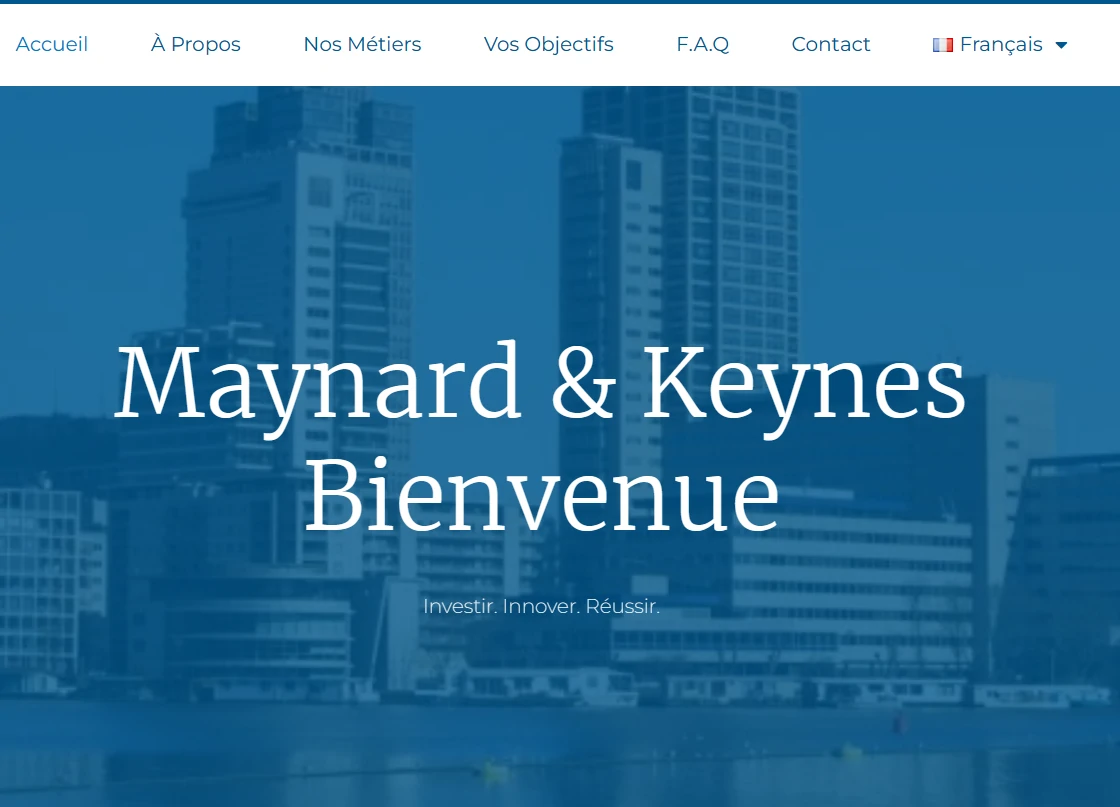 Site web de Maynard and Keynes montrant absence de liens sortants et slogans rassurants
