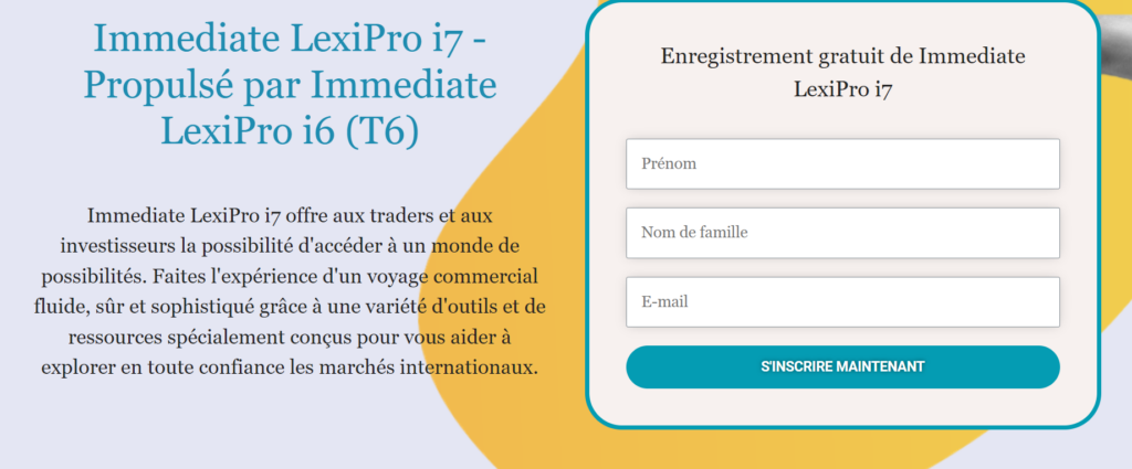 Formulaire d'inscription de Immediate LexiPro promettant des opportunités lucratives.