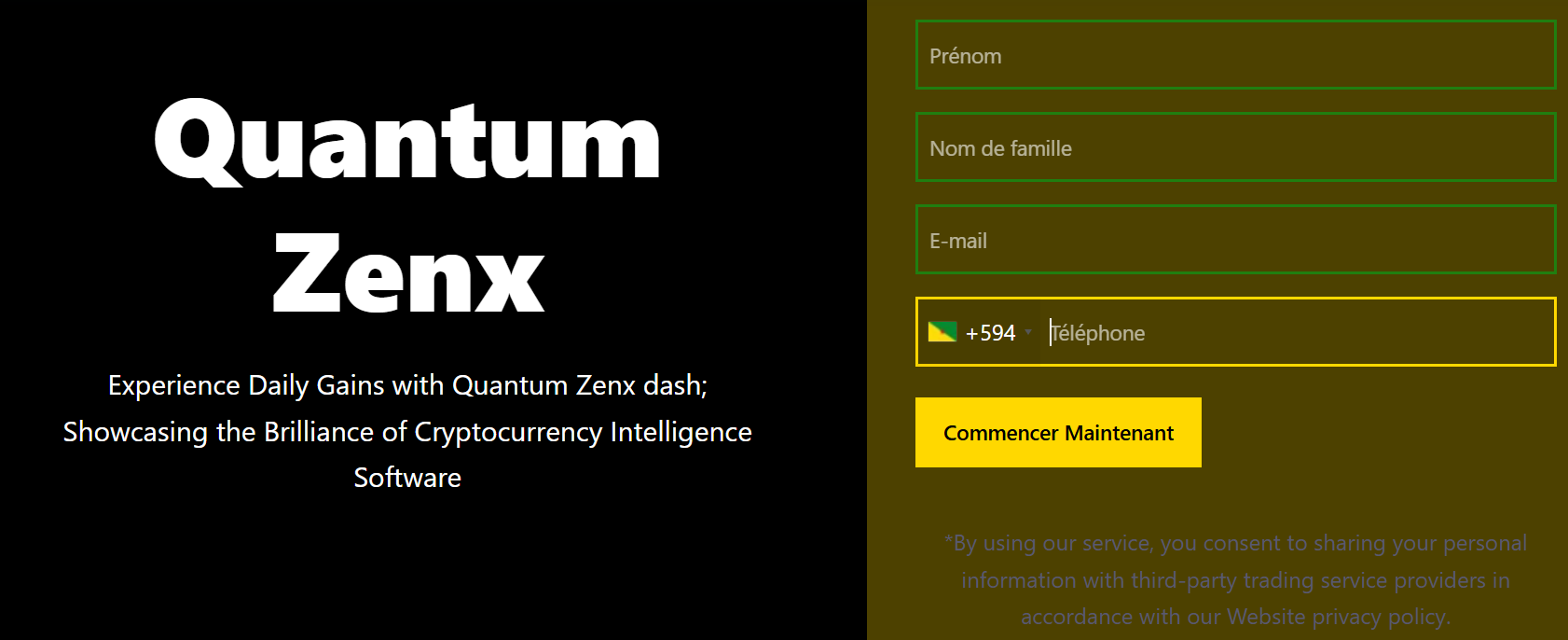 Absence de mentions légales sur le site Quantum Zenx, indicateur d'une potentielle arnaque