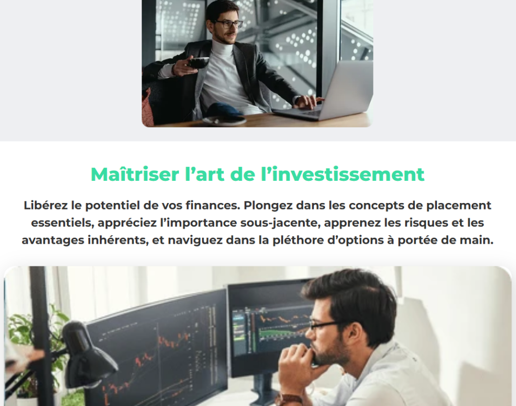 Interface utilisateur d'Immediate Affinity, plateforme d'éducation financière